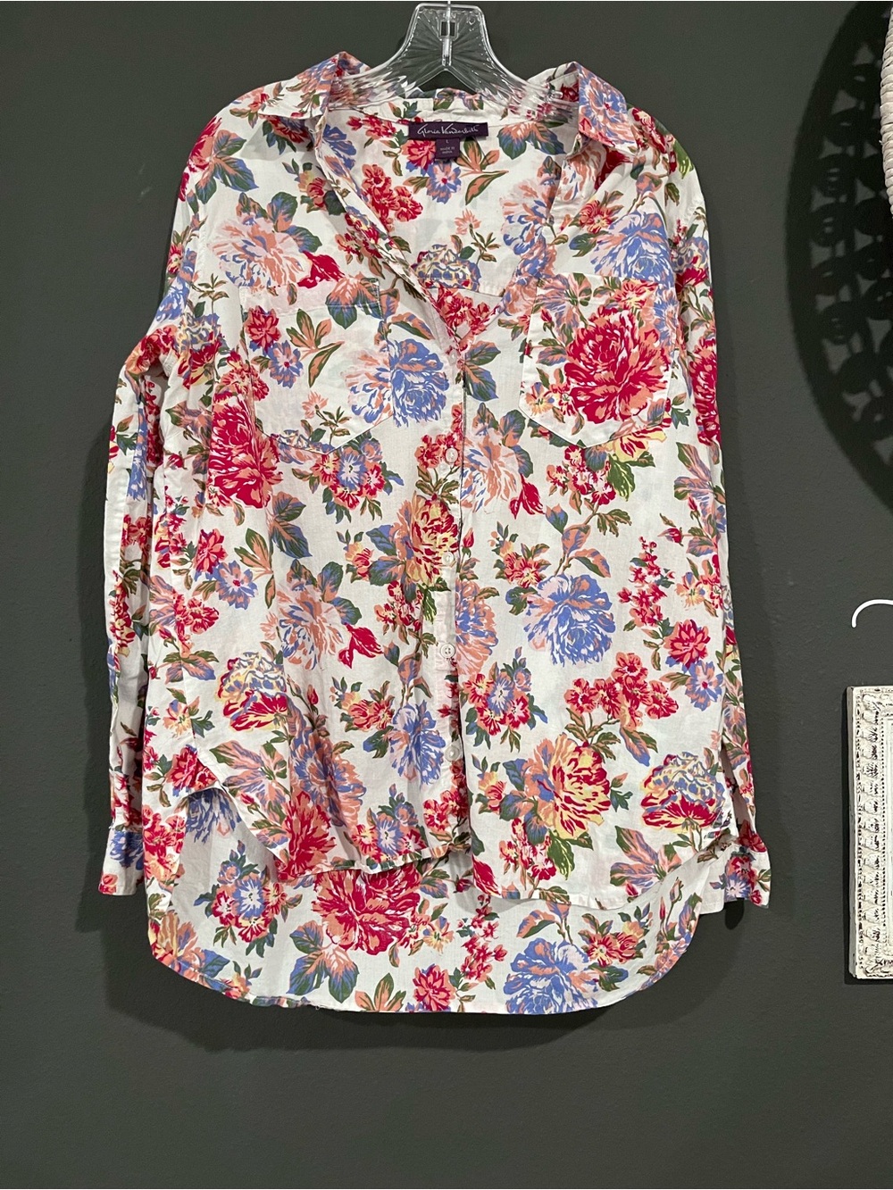 Charter Club Floral Button-Front Blouse - Cream with Pink & Blue Flowers